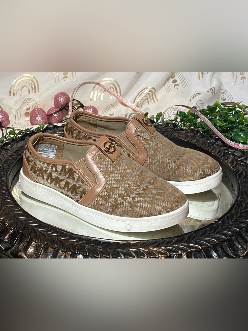 Michael Kors Little Girls Brown Slip-On Sneakers with Gold Logo